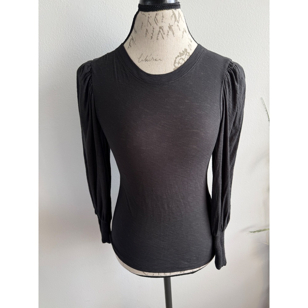 Nation LTD Black Puff Sleeve Slub Jersey Long Sleeve‎ Top XS Crew Neck Slim Fit